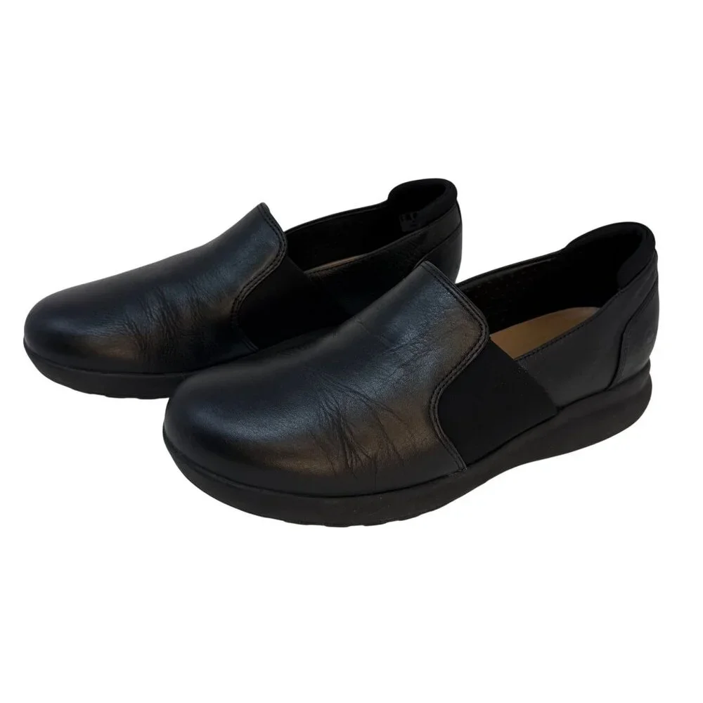 Womens Clarks Black Leather Slip On Un Adorn Step Sneakers‎ sz US 9 M